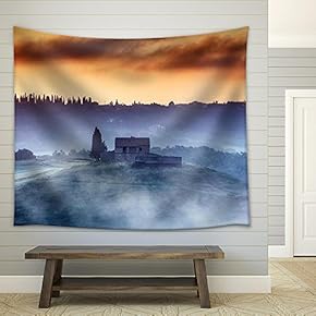 a Villa on The Top of The Hill in a Misty Sunrise - Fabric Wall Tapestry Home Decor - 51x60 inches