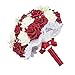 Febou Wedding Bridal Bouquet, Wedding Bride Bouquet, Wedding Holding Bouquet with Artificial Roses Lace Pearl Ribbon, Perfect for Wedding, Church, Party and Home Decor(Heart Pearl, White+Dark Red)