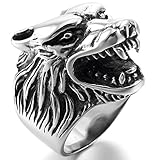 Men's Stainless Steel Ring Silver Tone Black Wolf Head
