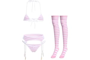 ABAFIP Women Cute Kawaii Anime Lingerie set Halter Strap Micro Bra Tiny Panty Garter Belt Striped Stockings 4Pcs Underwear