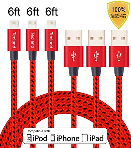 Tecland iPhone Charger Cable 3 Pack 6ft Lightning to USB Cables Charging Cord Charge and Sync for iPhone 7,6s,6s Plus, 5s, 5, SE, iPad air/2/mini, iPad 1/2/3/4 (red black)