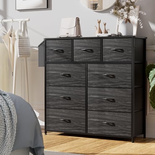 PURFINO Fabric Chest of Drawers - Dresser Canvas Organizer with 9 Large Drawers, Label Cards, Side Pocket and Hook, for Living Room, Hallway, Bedroom