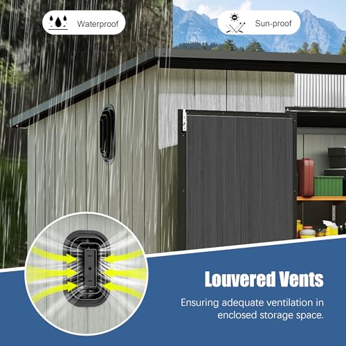 Domi 6x8FT Outdoor Resin Storage Shed with Transparent Windows & Louvered Vents, Plastic Tool Shed with Double Lockable Doors & Sloping Roof, Outside Garden Shed for Backyard, Patio, Lawn, Grey