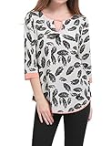 Allegra K Women Feather Prints 3/4 Sleeves Keyhole Flowy Top L White