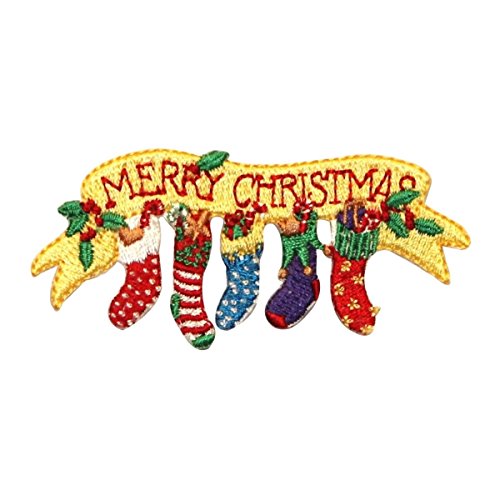 ID 8058 Merry Christmas Stockings Patch Mantle Sock Embroidered Iron On Applique
