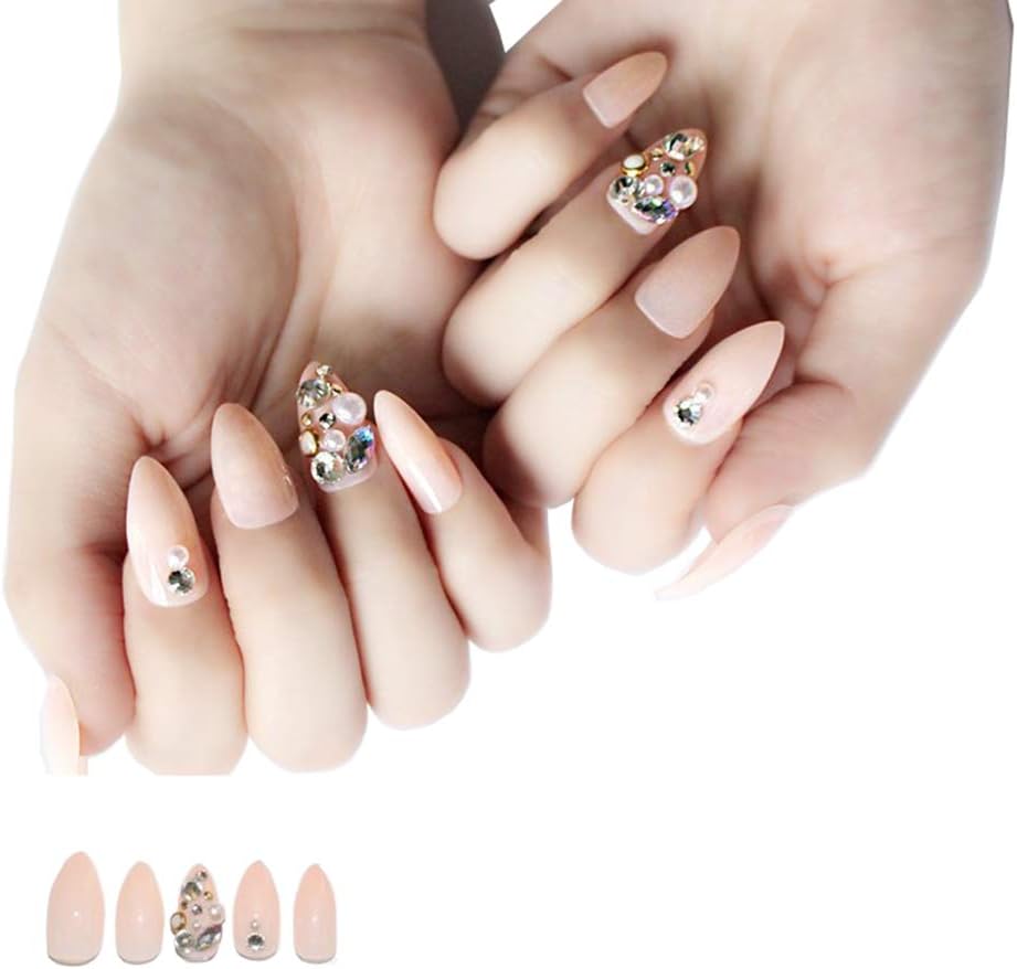 SKYVAN24 Counts Romatic Sweet Pink Bride Long Stiletto False Nails with Luxury Rhinestone Press On Fake Nails with Glue and Adhesive Tab for Women and Girls