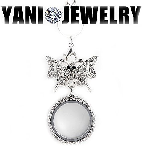 Shuyani Plain Floating Locket Pendant Necklace with Rhinestone Butterfly Brooch