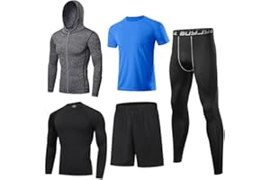 BUYJYA 5Pcs Men's Compression Pants Shirt Top Long Sleeve Jacket Athletic Sets Gym Clothing Mens Workout