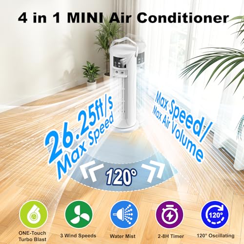 Portable Air Conditioner - 3 Speeds & Storm Mode & Mist Spray, Tower Cooling Fan with Timer, Evaporative Air Cooler 120° Oscillation for Home, Office, Bedroom - Portable AC Standing Fan