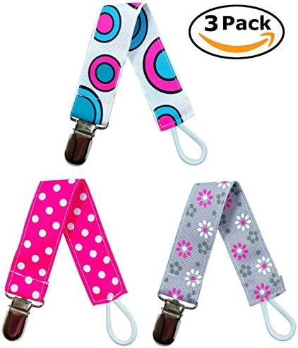 EliteBaby Pacifier Clip Holder with Stainless Steel Clasp, 3 Pack, Girl 1