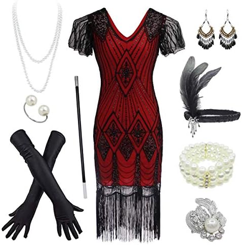 Women's 1920s Gatsby Inspired Sequin Beads Long Fringe Flapper Dress w/Accessories Set