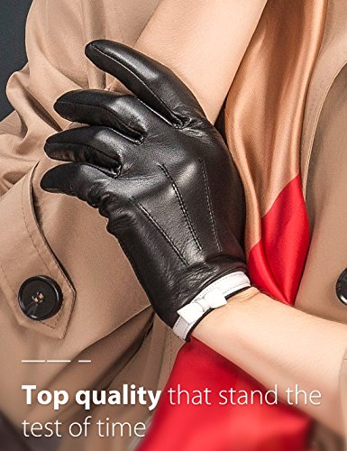 YISEVEN Women's Touchscreen Sheepskin Leather Gloves White Bow Knot Wool or Fleece Fur Lined Luxury for Ladies Winter Accessories Hand Warm Dress Motorcycle Driving Xmas Gifts, Black 7"/Medium