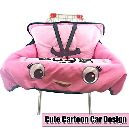 Cute Car Design 2-in-1 Shopping Cart&High Chair Cover for Baby with Portable Bag | Universal Fit All Shopping Cart Seat& Restaurant Highchair | Fits Big Carts | 5 Point Safety Harness System (Pink) - Thumbnail 3