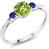 Gem Stone King 10K White Gold Green Peridot Blue Created Sapphire and White Diamond Accent 3-Stone Engagement Ring For Women (1.06 Cttw, Round 6MM, Gemstone August Birthstone)