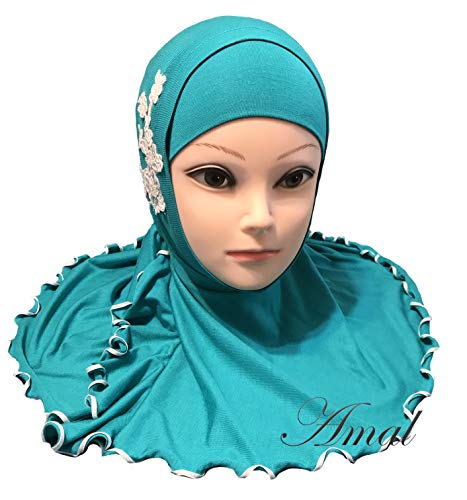 Children Girls Kid Muslim Hijab Islamic Scarf Headwear for 2-12 Years Cotton USA (Turquoise & White) - Thumbnail 3
