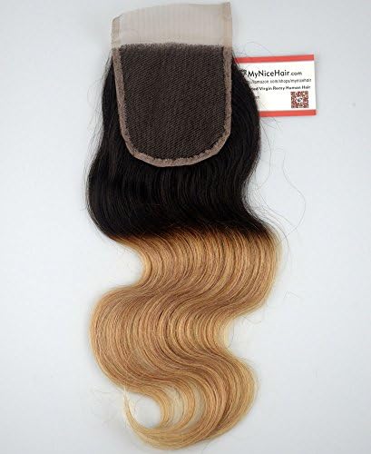 MyNiceHair- 4"x4" Lace Closure 16inch Ombre Black To Blonde Colored Brazilian Virgin Human Hair Piece Body Wave