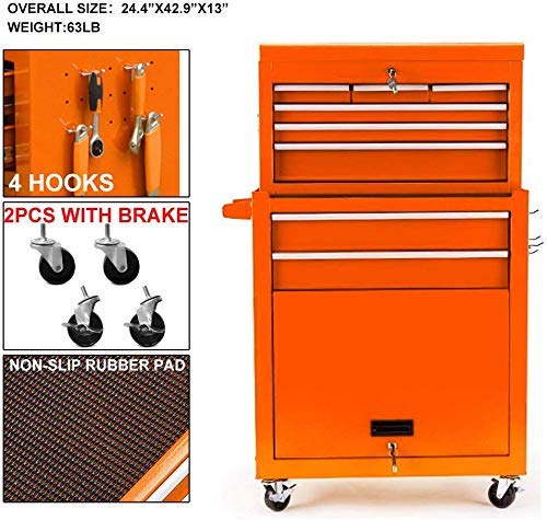 Big Tool Chest,Removable 2 in 1 Tool Box,8-Drawer Tool Storage,Detachable Tool Chest with 4 Universal Wheels (2 PCS Lockable),Keyed Locking System Toolbox Organizer,orange