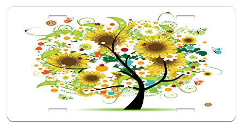 Sunflower License Plate by Lunarable, Floral Tree with Daisies Sunflowers Butterflies Ladybugs Spring Fantasy Joyful, High Gloss Aluminum Novelty Plate, 5.88 L X 11.88 W Inches, Multicolor