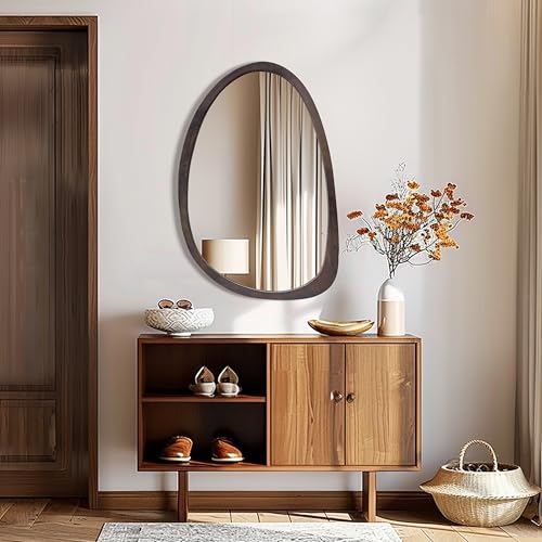 medla Irregular Oval Wall Mirror: 50x70CM Asymmetrical Mirror Modern Wood Frame Unique Shape Wall Mounted Vanity Artistic Mirror Decorative for Living Room Bedroom Bathroom Entryway Hallway