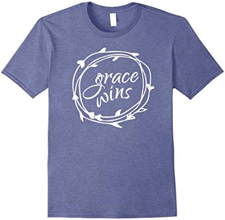 Men's Christian T Shirt Grace Wins with a Wreath Large Heather Blue