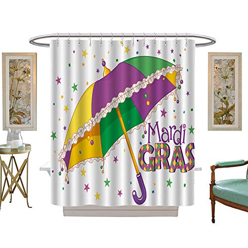 Leigh-Home Mardi Gras Shower Curtain Parade Preparations Umbrella Stars Confetti Figures Joyful Fun Party Waterproof, mildewproof, non-fading-W60 x L72 Purple Yellow Green