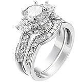 XAHH Women's 2 PCS Platinum Plated Ring Princess Cut 3 Cubic Zirconia Bridal Engagement Wedding Band Set Size 11