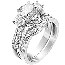 XAHH Women's 2 PCS Platinum Plated Ring Princess Cut 3 Cubic Zirconia Bridal Engagement Wedding Band Set Size 6