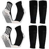 2 Set Kids Grip Soccer Socks with Shin Guard Sleeves, Anti-Slip for Ages 7-14 Youth Boys Football Basketball Training