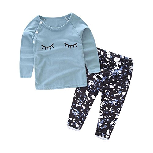 DaySeventh 2016 1Set Baby Eyelash Print Long Sleeve T-shirt Tops+Pants Clothes (12M, Blue)