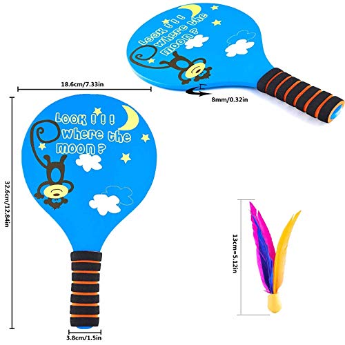 Classic Wooden Paddle Ball Game Set,Fun Racquet Game,Indoor Outdoor Easiest Racket Game (2 Thicker Wooden Rackets,4 Waterproof Birdies,1 Carry Bag)(Blue)