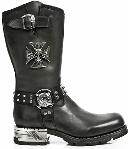 Amazon.com | New Rock Unisex M.727-S1 Black Leather Boots Skull