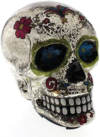 SMYER Halloween Skull Decoration, Led Grinning Replica Human Skull Statue - Scary Ghost Skeleton Skull for Home & Outdoor Decor (Silver)