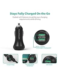 RAVPower - Cargador de coche rápido para Galaxy S9 S8 Plus Note8 S7, compatible con iPhone XS XR X 8 7 Plus, cable micro USB incluido, 40 W, 3 A, adaptador de coche con doble puerto USB QC, Negro