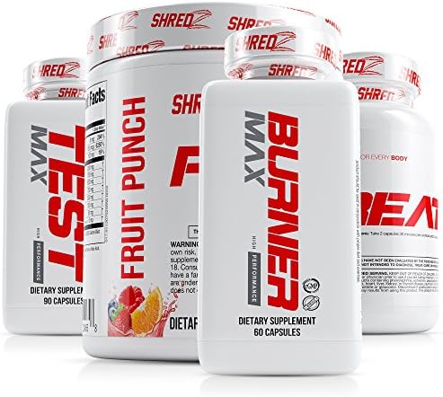 SHREDZ 30 Day Weight Loss Results Supplements Stack for Men, Clinically Tested Ingredients, Burner MAX, Testosterone MAX, Creatine, Pre-Workout (Fruit Punch)