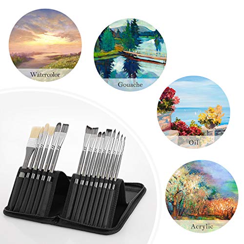 Art Paint Brushes Set 15 Sizes Painting Brush Kit Professional for Acrylic Watercolor Oil Gouache and Canvas Painting 16PCS with Pop-up Carrying case for Kids, Adults, Artists