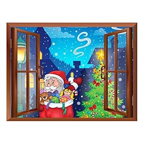 Cartoon Santa Claus Carrying Gifts - Peel and Stick Self-Adhesive Removable Window View Wall Sticker/Wall Mural - 24"x32"