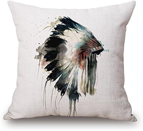 Christmas Gifts Oil Printing Cushion Cover Watercolor Skull Headdress Pillow Cover Sofa Cover Halloween Decorative Pillows American Indian Home Sofa Decorative