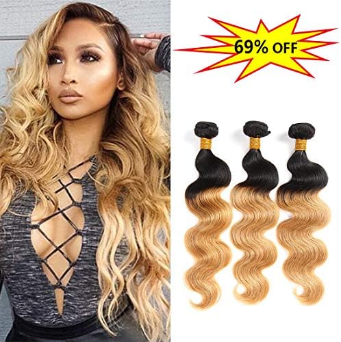 3 Bundles Body Wave Brazilian Virgin Hair Two Tone Ombre Hair T1B/27 Brazilian Body Wave 00% Unprocessed Human Hair bundles Natural Black Color to Blonde (12 14 16)
