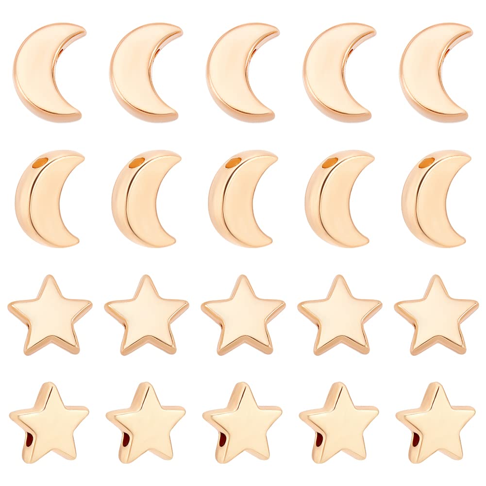 arricraft 100 Pcs 2 Styles Star Moons Beads, Gold Alloy Star and Moons Beads with Hole Celestial Tiny Charms for Earrings Necklaces Handmade Decorative Stars Moons Jewelry Making