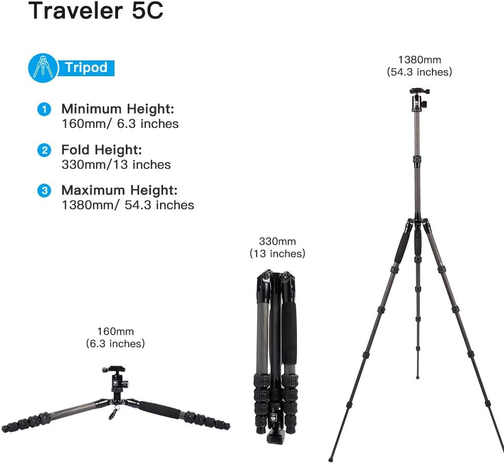 SIRUI Traveler 5C Carbon Fibre Tripod for Camera Portable Travel Tripod with 360° Panoramic Ball Head - Image 5