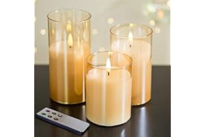Eywamage Gold Glass Flameless Pillar Candles with Remote, Flickering Battery Operated Christmas LED Candles Set of 3