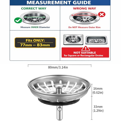 [2 Pack] IUYPKQ Kitchen Sink Strainer - Sink Drain Stopper - Kitchen Sink Plug with Anti-Clogging Basket - Bouchon Evier Cuisine - Compatible with 79–83mm Inner Diameter