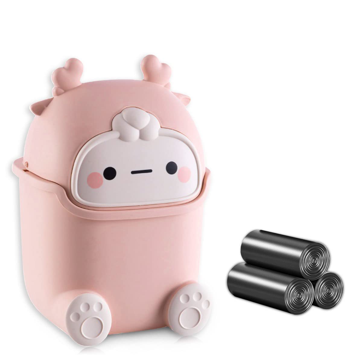 Photo 1 of TIE-DailyNec Cute Desktop Trash Can with 90 Trash Bags, Mini Creative Trash Can with Flip Lid Plastic Storage bin, Waste Basket Garbage Can for Bathrooms Kitchens Offices Dressing Table (Pink)
