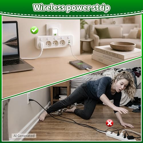 Power Strip with Individual Switch, 4 Sockets with USB and Night Light, 4 Mains Outlets + 1 Type-C + 2 USB Suitable for Home, Office, Phone, Portable