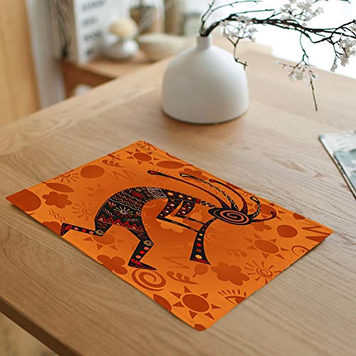 Awowee Set of 4 Placemats Orange Aboriginal Kokopelli Ethnic African Deity of Fertility Abstract Non-Slip Doily Place Mat for Dining Kitchen Table