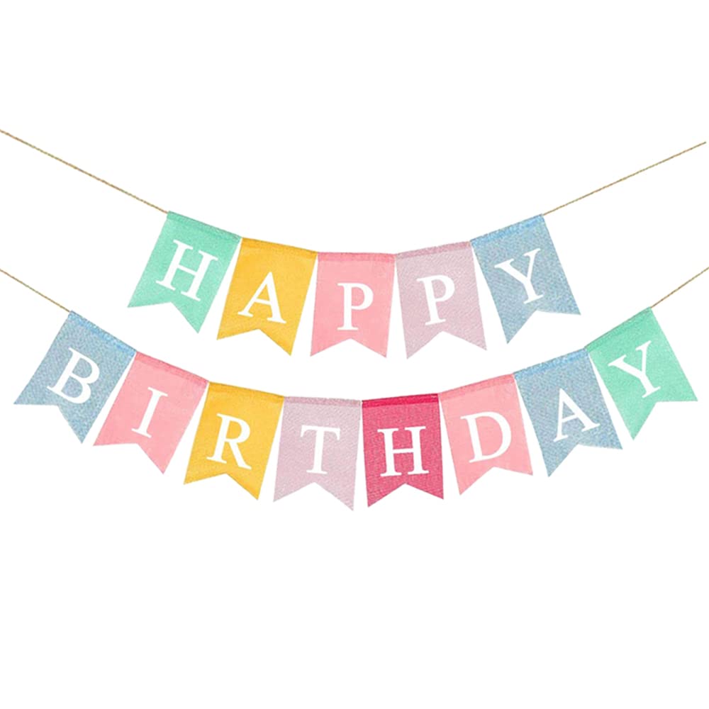 DOJoykey Burlap Fabric HAPPY BIRTHDAY Banner, Reusable Pastel Color Birthday Bunting Flag Garlands for Home Outdoor Birthday Party Decoration