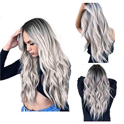 Silver Gray Ombre wigs Dark Roots Long Curly Synthetic Hair for Women Party Cosplay Accessories (Silver Gray)