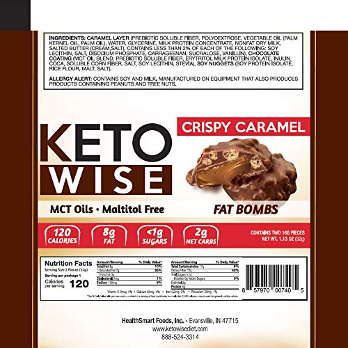 KETO WISE FAT BOMBS – MADE WITH CHOCOLATE CONTAINING MCT OIL – LOW FAT, LOW CARB AND KETO FRIENDLY SNACK – 8G FAT, 1G NET CARBS | CRISPY CARAMELS, PACK OF 16