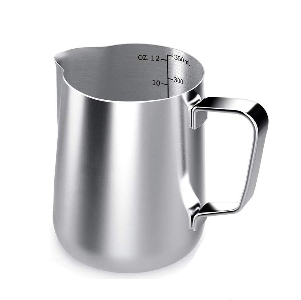 Voarge Milk Jug, Milk Pitcher 350 ml / 12 FL.oz. Stainless Steel Milk Frothing Jug for Cappuccino and Latte Art, Silver