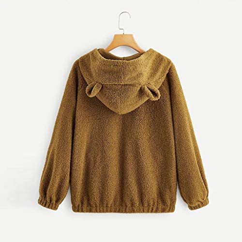 Sanyyanlsy Women's Autumn Casual Solid Color Long Sleeve Bear Ears Pocket Hoodie Jacket Coat Ladies Winter Pullover Tops Khaki